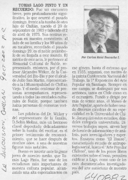 Tomás Lago Pinto y un recuerdo  [artículo] Carlos René Ibacache I.