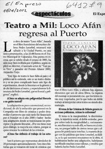Teatro a mil, Loco afán regresa al Puerto  [artículo]