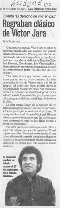 Regraban clásico de Víctor Jara  [artículo] Felipe Rodríguez