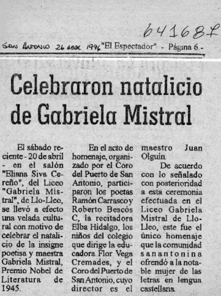 Celebraron natalicio de Gabriela Mistral  [artículo]