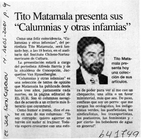 Tito Matamala presenta sus "Calumnias y otras infamias"  [artículo]