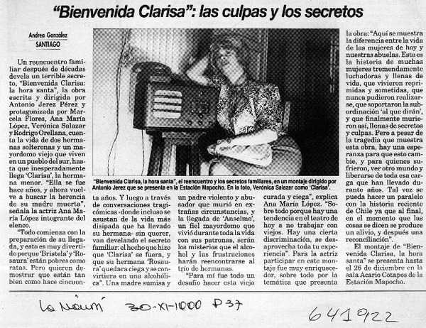 "Bienvenida Clarisa", las culpas y los secretos  [artículo] Andrea González