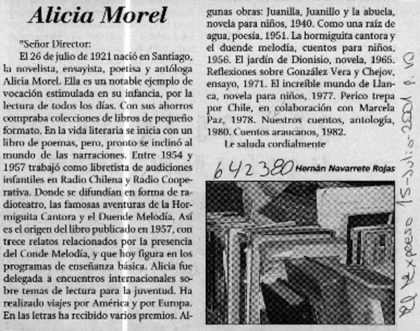 Alicia Morel  [artículo] Hernán Navarrete Rojas