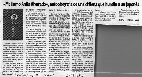 "Me llamo Anita Alvarado", autobiografía de una chilena que hundió a un japonés  [artículo] Gonzalo Gutiérrez Muñoz