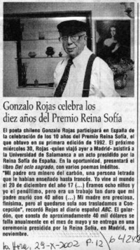 Gonzalo Rojas celebra los diez años del Premio Reina Sofía  [artículo]