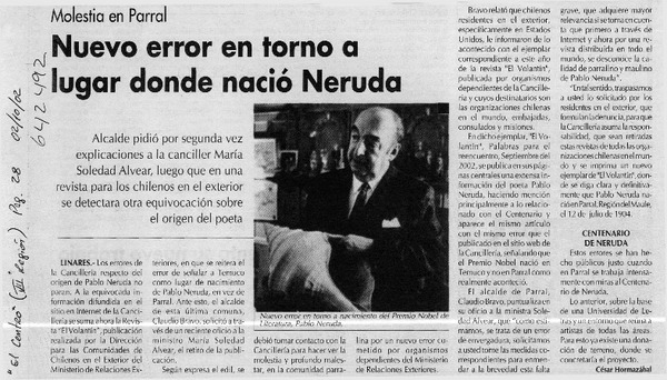 Nuevo error en torno a lugar donde nació Neruda  [artículo] César Hormazábal