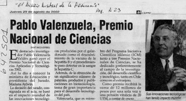 Pablo Valenzuela, Premio Nacional de Ciencias  [artículo]