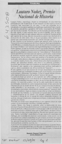 Lautaro Núñez, Premio Nacional de Historia  [artículo] Ramón Seguel Vorphal