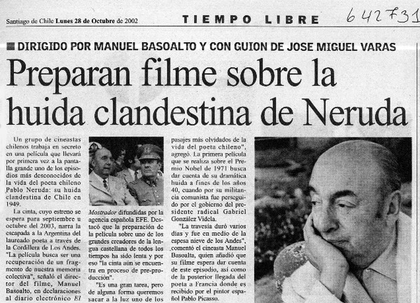 Preparan filme sobre la huida clandestina de Pablo Neruda  [artículo]