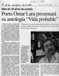 Poeta Omar Lara presentará su antología "Vida probable"  [artículo]
