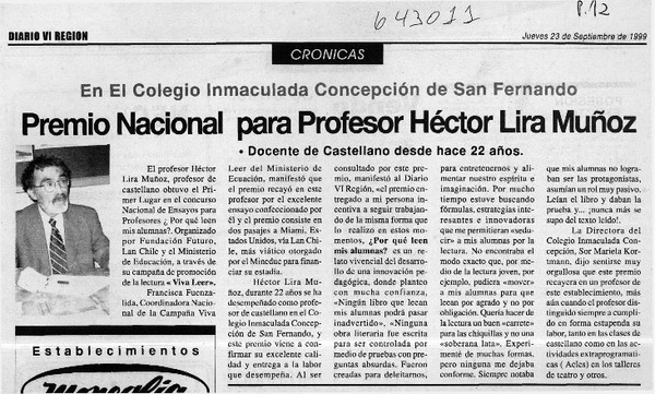 Premio Nacional para profesor Héctor Lira Muñoz  [artículo]
