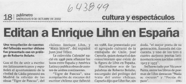 Editan a Enrique Lihn en España  [artículo]