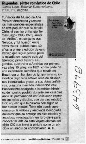 Rugendas pintor romántico de Chile  [artículo] A. R.