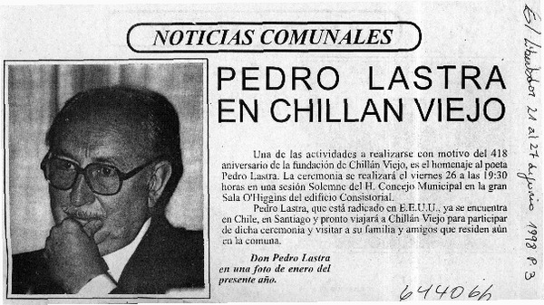 Pedro Lastra en Chillán Viejo  [artículo]