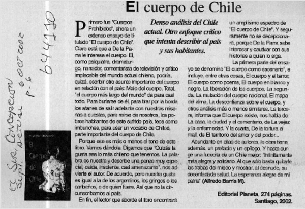 El cuerpo de Chile  [artículo] Alfredo Barría M.