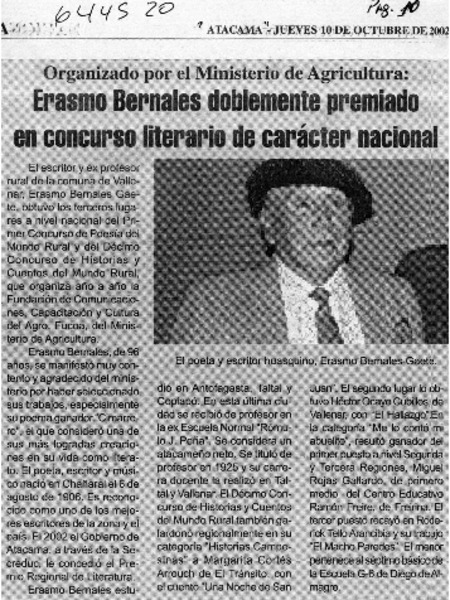 Erasmo Bernales doblemente premiado en concurso literario de carácter nacional