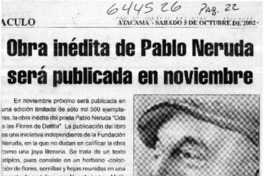 Obra inédita de Pablo Neruda será publicada en noviembre  [artículo]