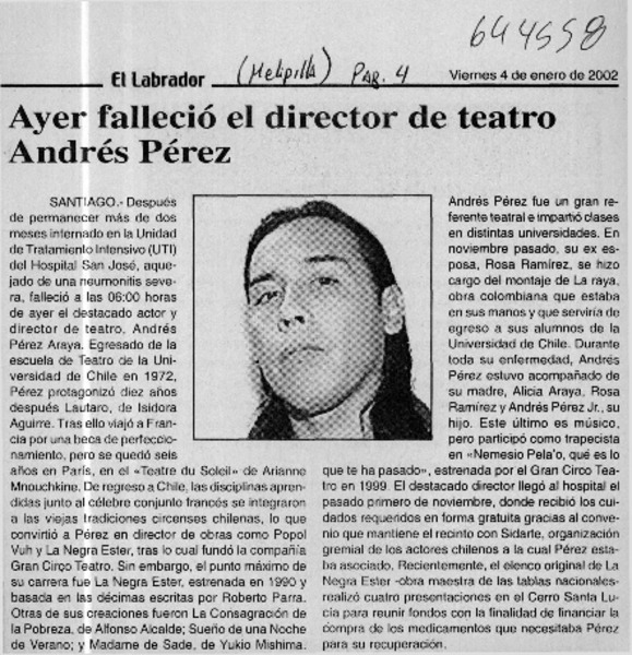 Ayer falleció el director de teatro Andrés Pérez  [artículo]