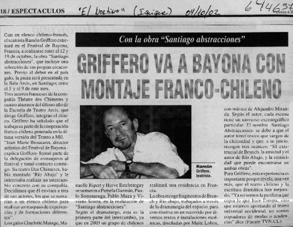 Griffero va a Bayona con montaje franco-chileno  [artículo]