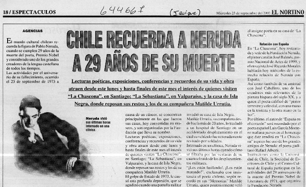Chile recuerda a Neruda a 29 años de su muerte  [artículo]