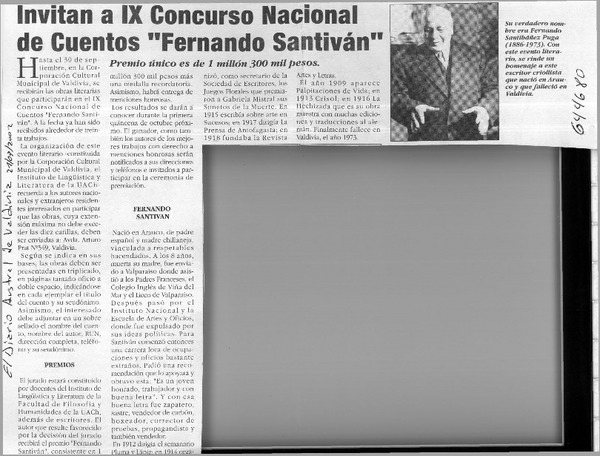 Invitan a IX Concurso Nacional de Cuentos "Fernando Santiván"  [artículo]