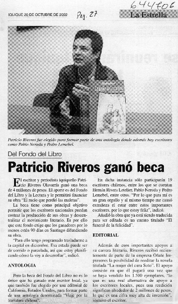 Patricio Riveros ganó beca  [artículo]