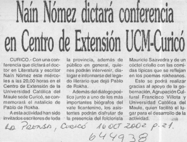 Naín Nómez dictará conferencia en Centro de Extensión UCM-Curicó  [artículo]