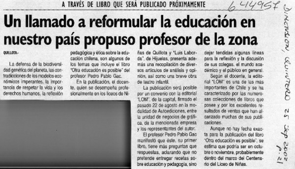 Un llamado a reformular la educación en nuestro país propuso profesor de la zona  [artículo]