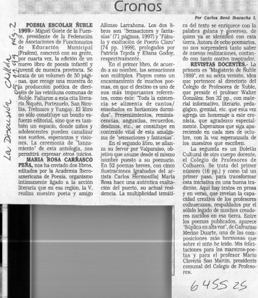 Poesía escolar Ñuble 1999  [artículo] Carlos René Ibacache I.