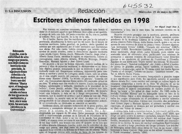 Escritores chilenos fallecidos en 1998  [artículo] Miguel Angel Díaz A.