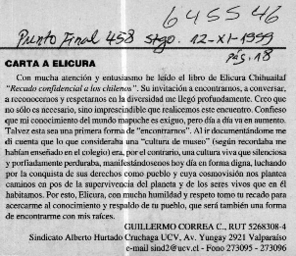 Carta a Elicura  [artículo] Guillermo Correa C.