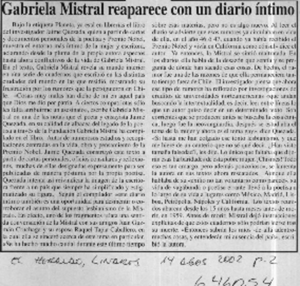Gabriela Mistral reaparece con un diario íntimo  [artículo]