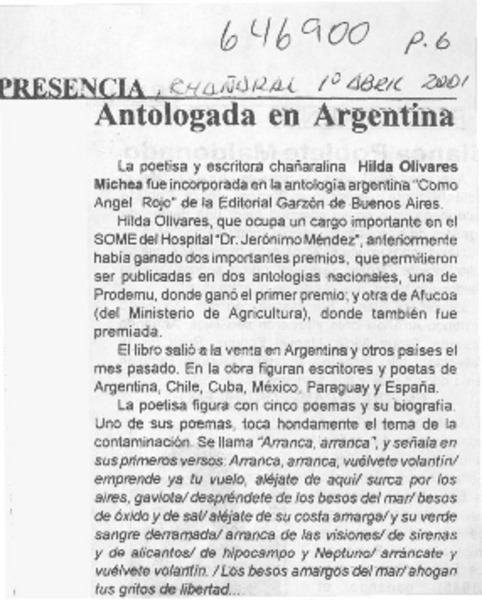 Antologada en Argentina  [artículo]