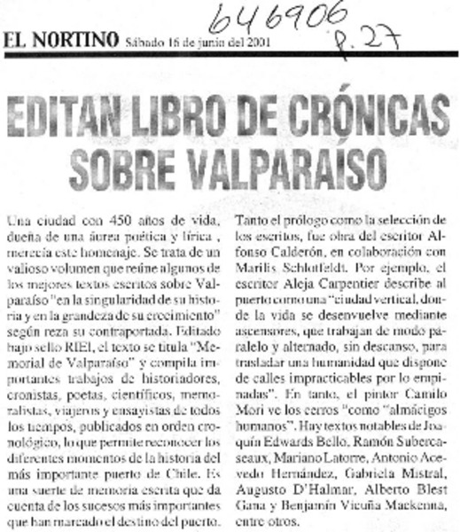 Editan libro de crónicas sobre Valparaíso  [artículo]