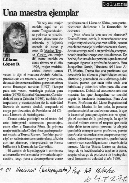 Una maestra ejemplar  [artículo] Liliana López B.