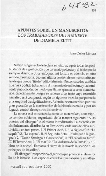 Apuntes sobre un manuscrito, Los trabajadores de la muerte de Diamela Eltit