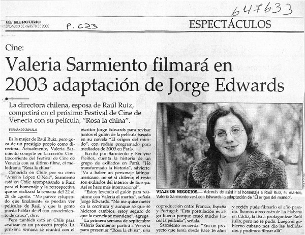 Valeria Sarmiento filmará en 2003 adaptación de Jorge Edwards  [artículo] Fernando Zavala