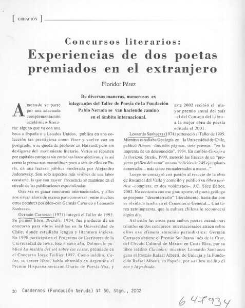 Experiencia de dos poetas premiados en el extranjero  [artículo] Floridor Pérez