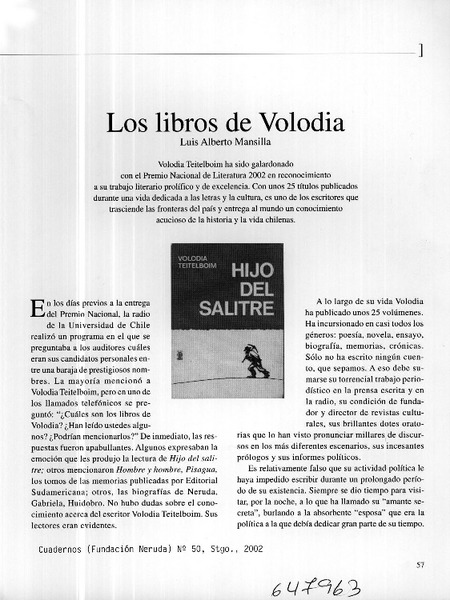 Los libros de Volodia  [artículo] Luis Alberto Mansilla