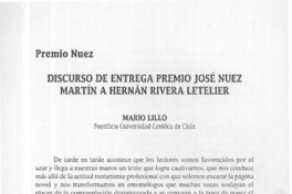 Discurso de entrega Premio José Nuez Martín a Hernán Rivera Letelier  [artículo] Mario Lillo