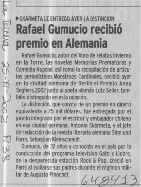 Rafael Gumucio recibió premio en Alemania  [artículo]