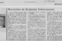 Recuerdos de Benjamín Subercaseaux  [artículo] Oscar Pinochet de la Barra