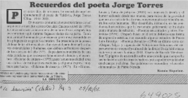 Recuerdos del poeta Jorge Torres  [artículo] Ramón Riquelme