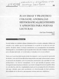 Juan Emar y Francisco Coloane, anomalías histográficas, (re)visiones y aprontes para nuevas lecturas  [artículo] José Luis Fernández P.