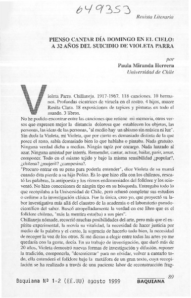 Pienso cantar día domingo en el cielo, a 32 años del suicidio de Violeta Parra  [artículo] Paula Miranda Herrera