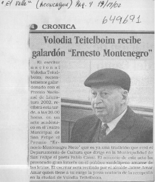 Volodia Teitelboim recibe galardón "Ernesto Montenegro"  [artículo]