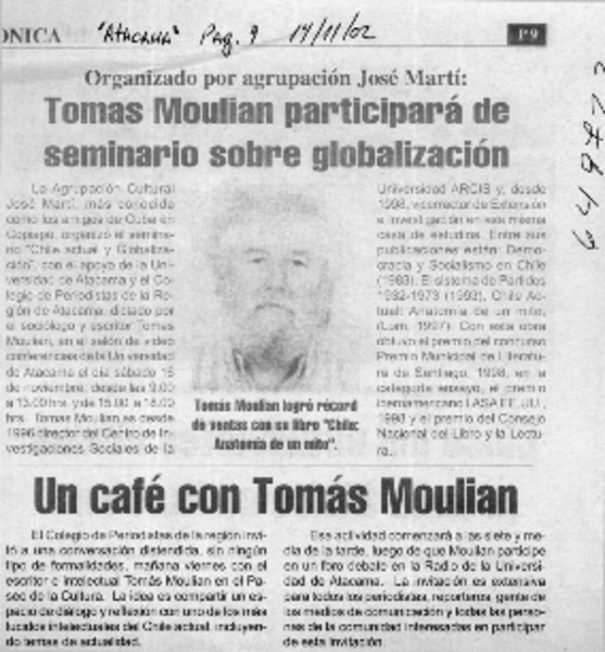 Tomás Moulian participará de seminario sobre globalización  [artículo]