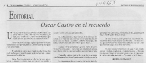 Oscar Castro en el recuerdo  <artículo> Héctor González V.
