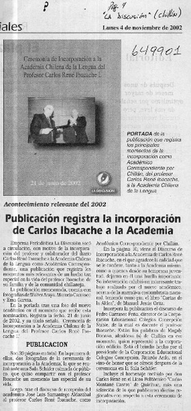 Publicacación registra la incorporación de Carlos Ibacache a la Academia  [artículo]