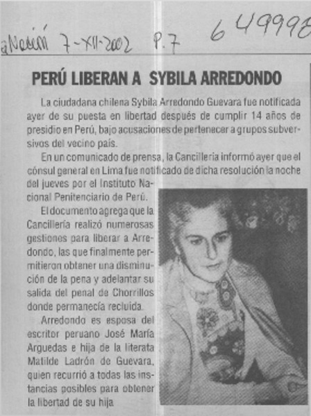 Perú liberan a Sybila Arredondo  [artículo]